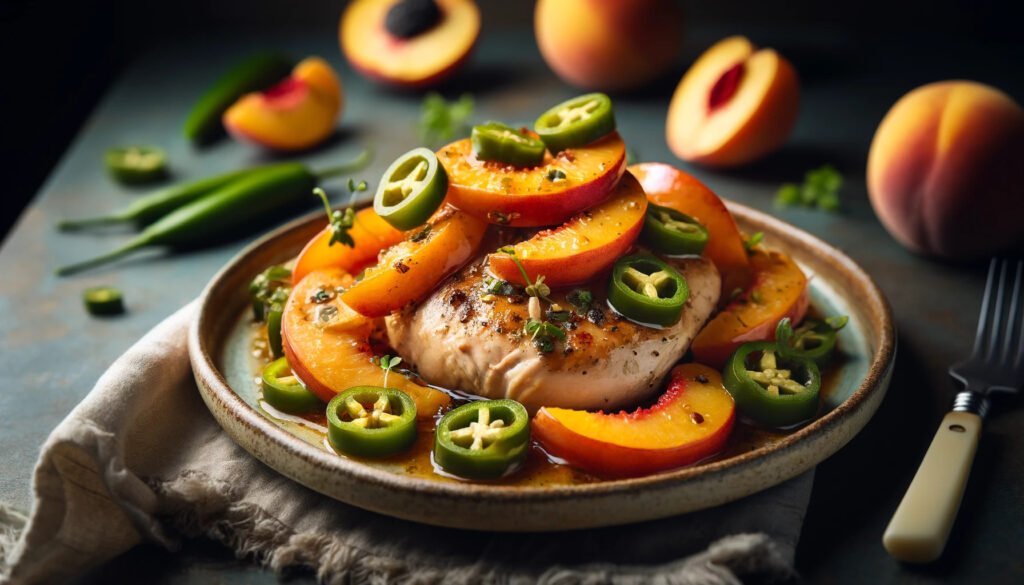 Delicious Jalapeno Peach Chicken served on a white plate, showcasing succulent chicken thighs glazed with a vibrant peach and jalapeno sauce, garnished with fresh peach slices and jalapeno strips.