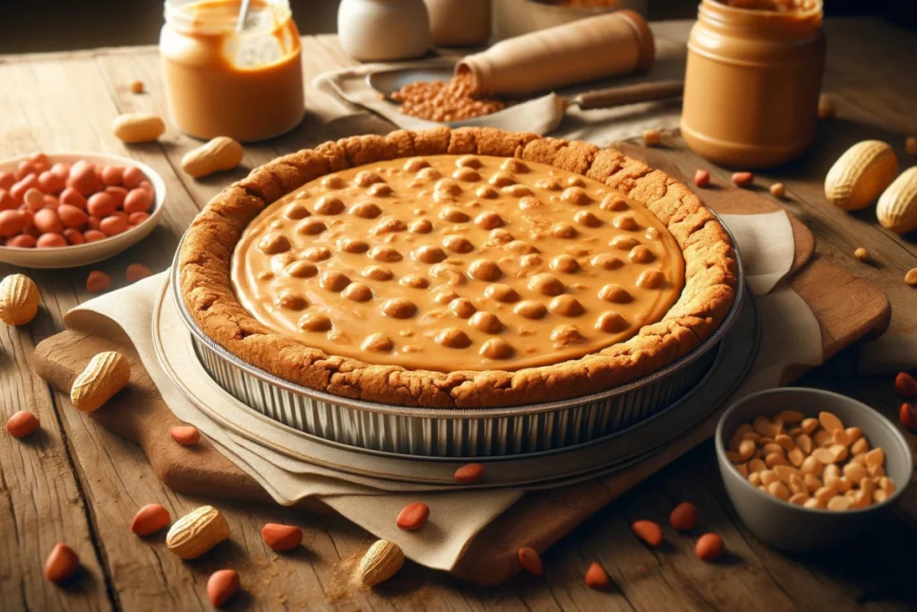 A freshly baked Peanut Butter Cookie Pie, featuring a golden-brown crust filled with a rich and creamy peanut butter mixture, topped with mini peanut butter cups and Peanut Butter M&Ms for added texture and flavor.